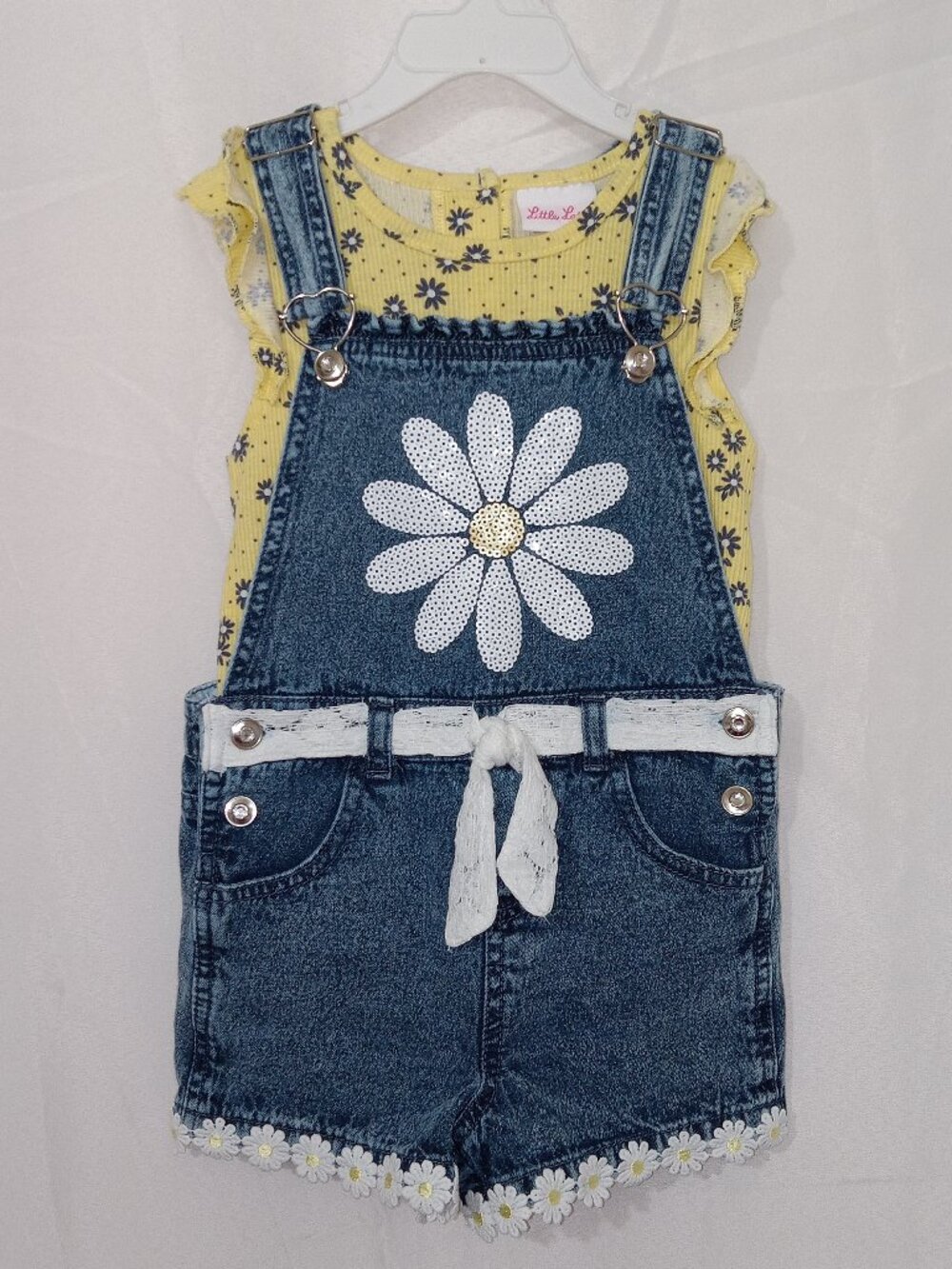 Little Lass Girls Daisy Denim Overall Shorts Set Yellow Top Size 6